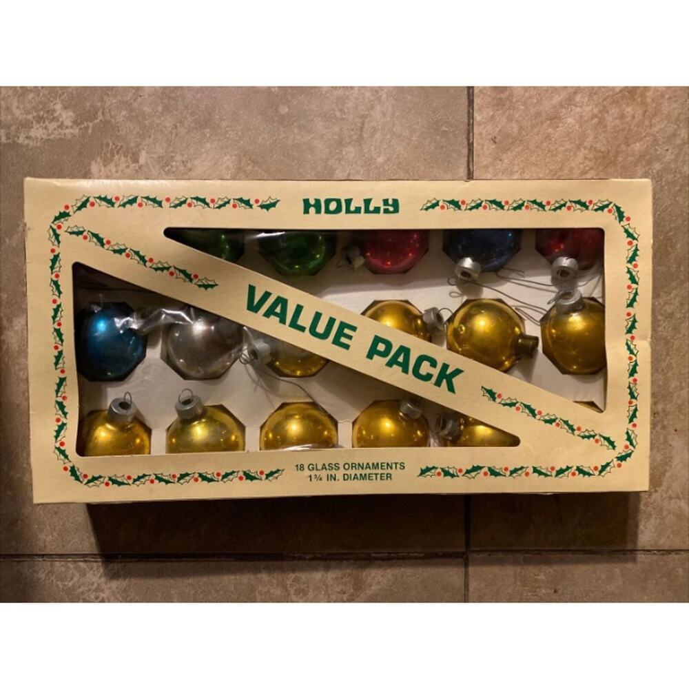 Vintage New HOLLY Red Glass Christmas Ornaments 18-1 3/4" Multi Color